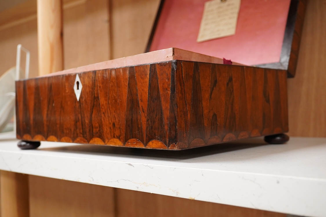 A William IV rosewood and specimen parquetry selling box, 27cm wide x 11.5cm high